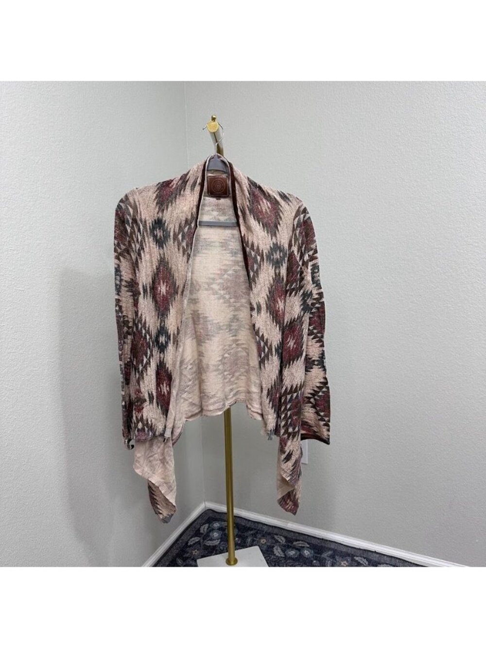 Double D Ranch Linen Blend Open Front Southwestern Print Cardigan Womens Small